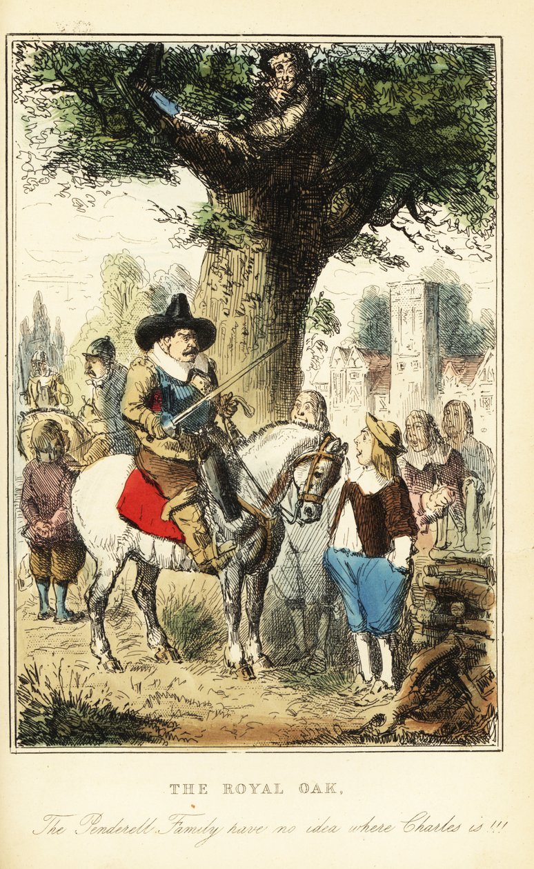 Kong Charles II gjemmer opp et eiketre i Boscobel Wood, etter slaget ved Worcester av John (after) Leech