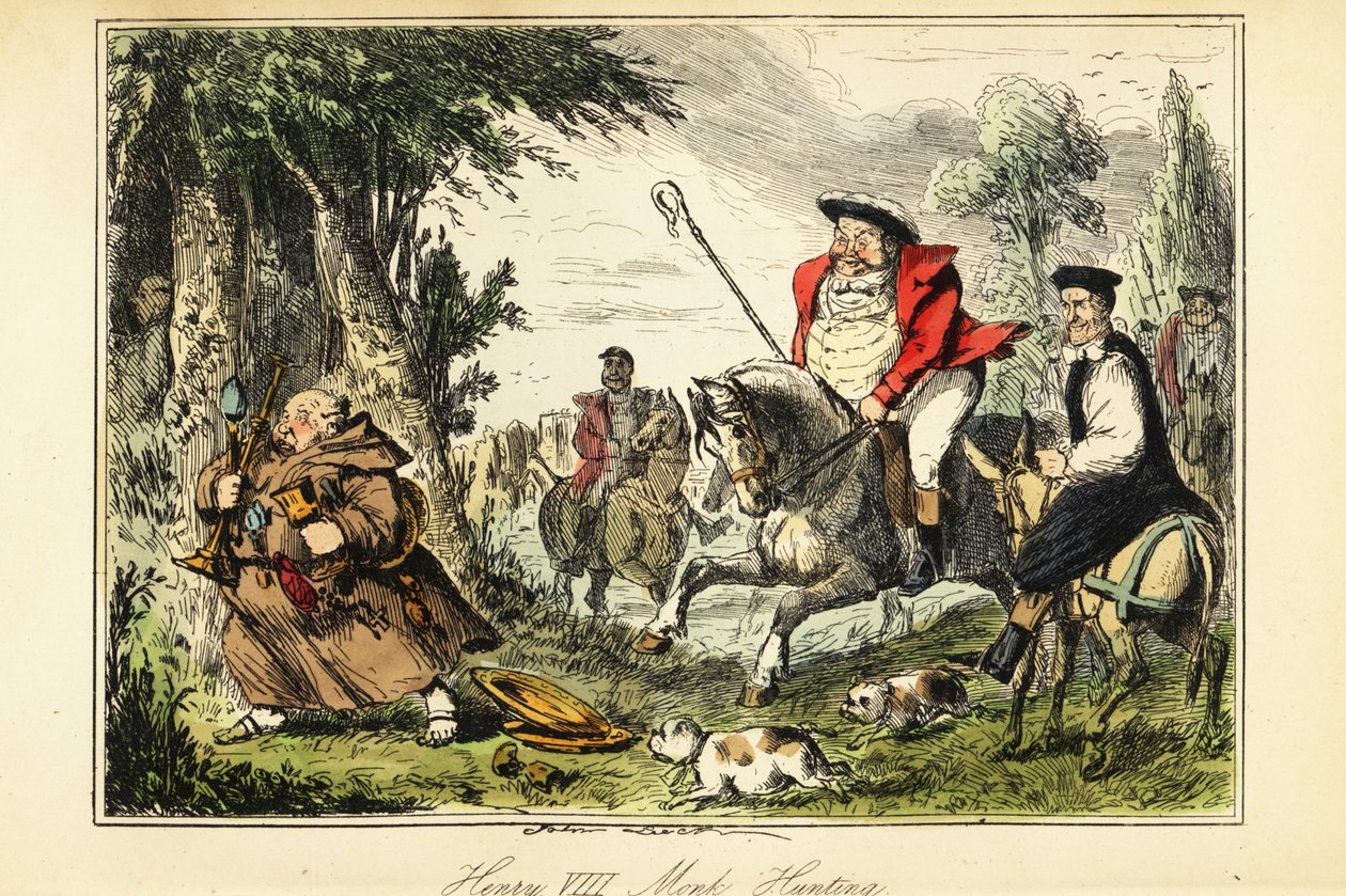 Kong Henry VIII i viktoriansk jaktantrekk med en hyrdeskurk på hesteryggen som jager en katolsk munk som flykter med kirkegull av John (after) Leech
