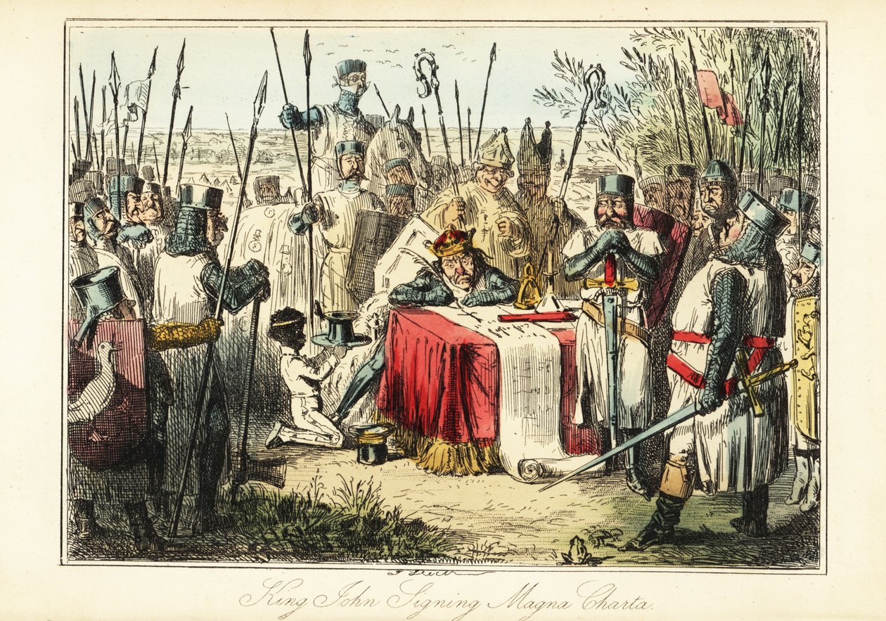 Kong John omgitt av baroner og biskoper som signerer Magna Carta ved Runnymede av John (after) Leech