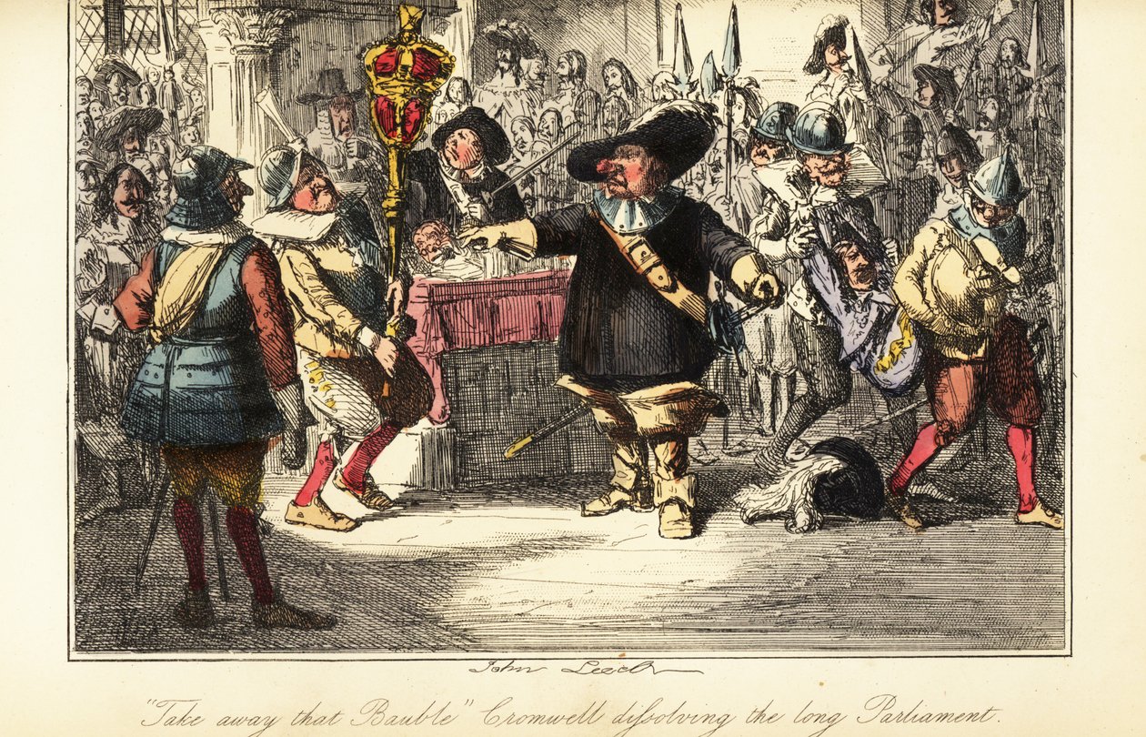 Oliver Cromwell fjernet mace fra Commons Chamber og oppløste Rump Parliament i 1653 av John (after) Leech