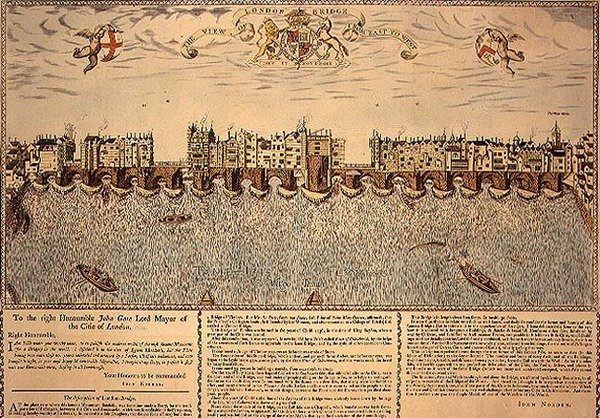 Utsikten over London Bridge fra øst til vest, opptrykk av en gravering fra 1624 av John (after) Norden