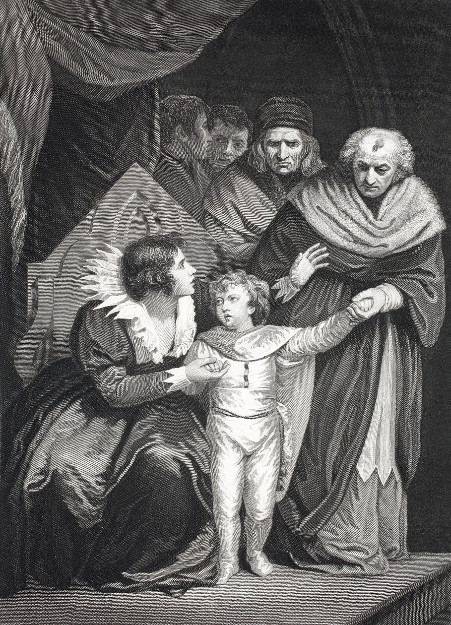 Elizabeth Woodville overgir sønnen sin (litho) av John (after) Opie
