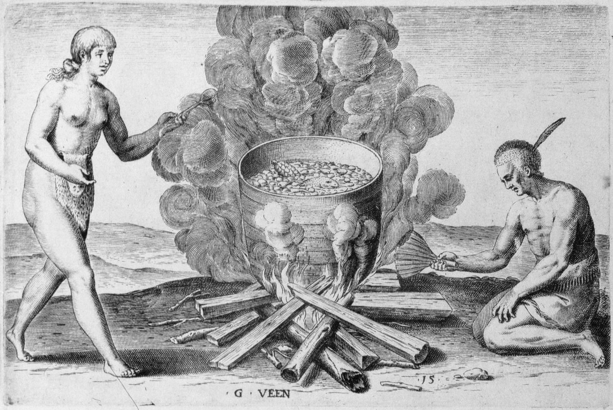 Cooking in a Pot, engraving by Gysbert van Veen (1562-1628) (engraving) av John (after) White