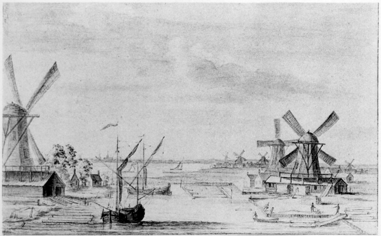 En utsikt over tresagbrukene ved Zaan, byen Zaandam utenfor (blyant, kritt og vask på papir) av John (attr. to) Greenwood