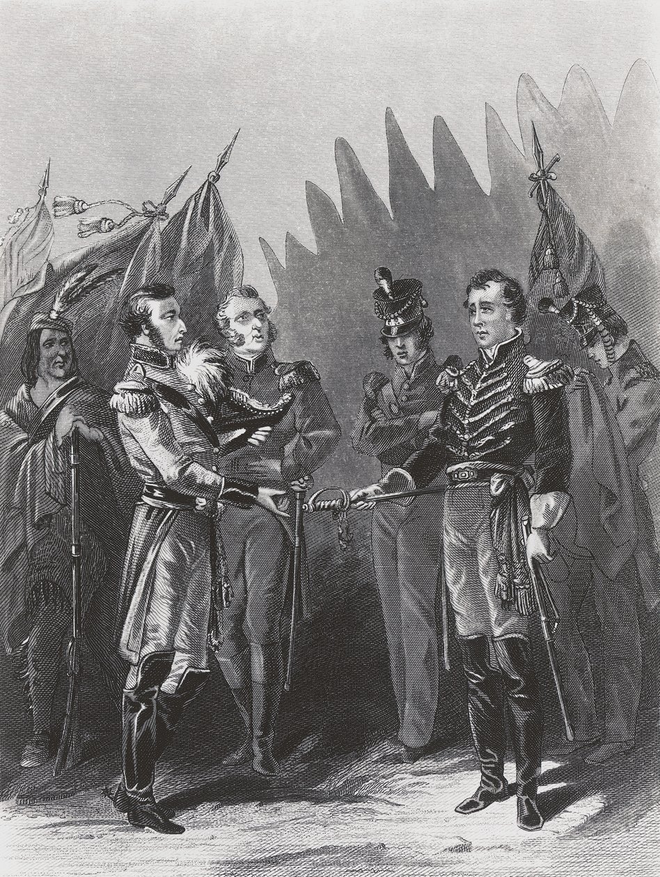 Den amerikanske generalen William Hulls overgivelse til britiske tropper og indianerkrigere i Detroit, 15. juli av Walter Charles Mills
