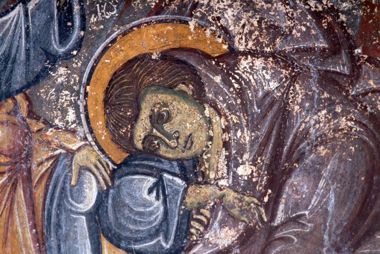 Helgenfigur, av Ioannis Pagomenos, detalj av freskomaleri i den bysantinske kirken St George, Anidri, Kreta, Hellas (bilde) av Walter Charles Mills