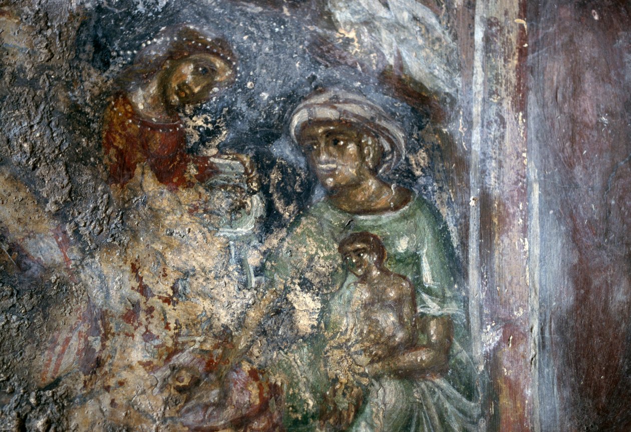 Fresco of Holy Family, Bysantine Church of Ayios Stephanos, Drakona, Kreta, Hellas (bilde) av Walter Charles Mills