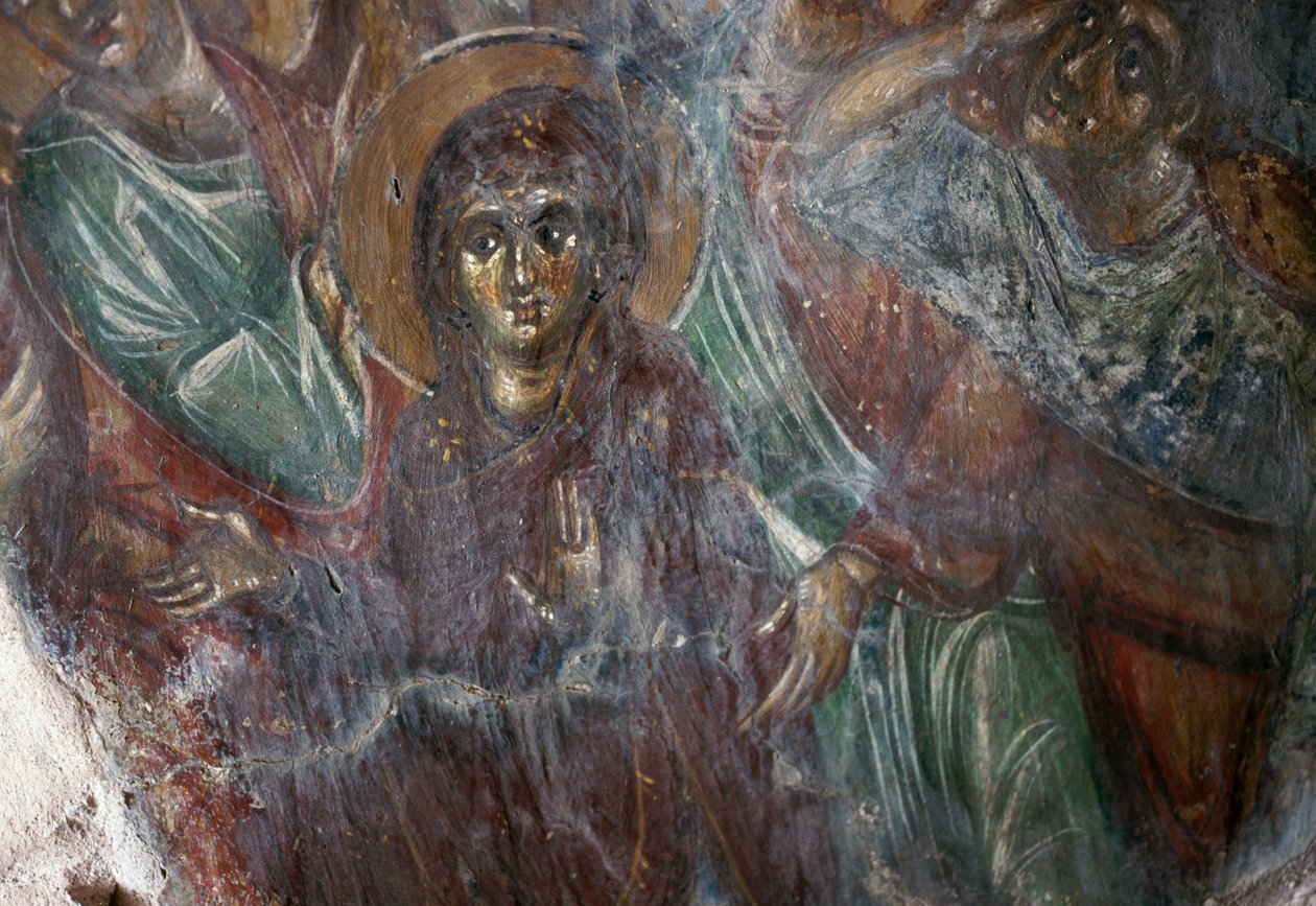 Freske av helgen i den bysantinske kirken Ayios Stephanos, Drakona, Kreta, Hellas (bilde) av Walter Charles Mills
