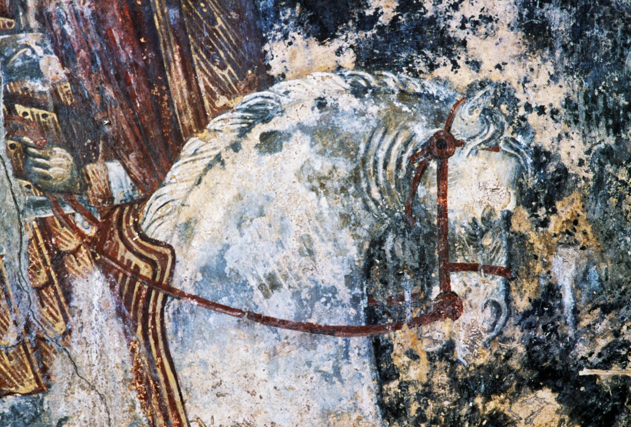 Hest, skadet freskomaleri i taket i kirken Agios Vasileios, Vavouledo, Kreta, Hellas (bilde) av Walter Charles Mills