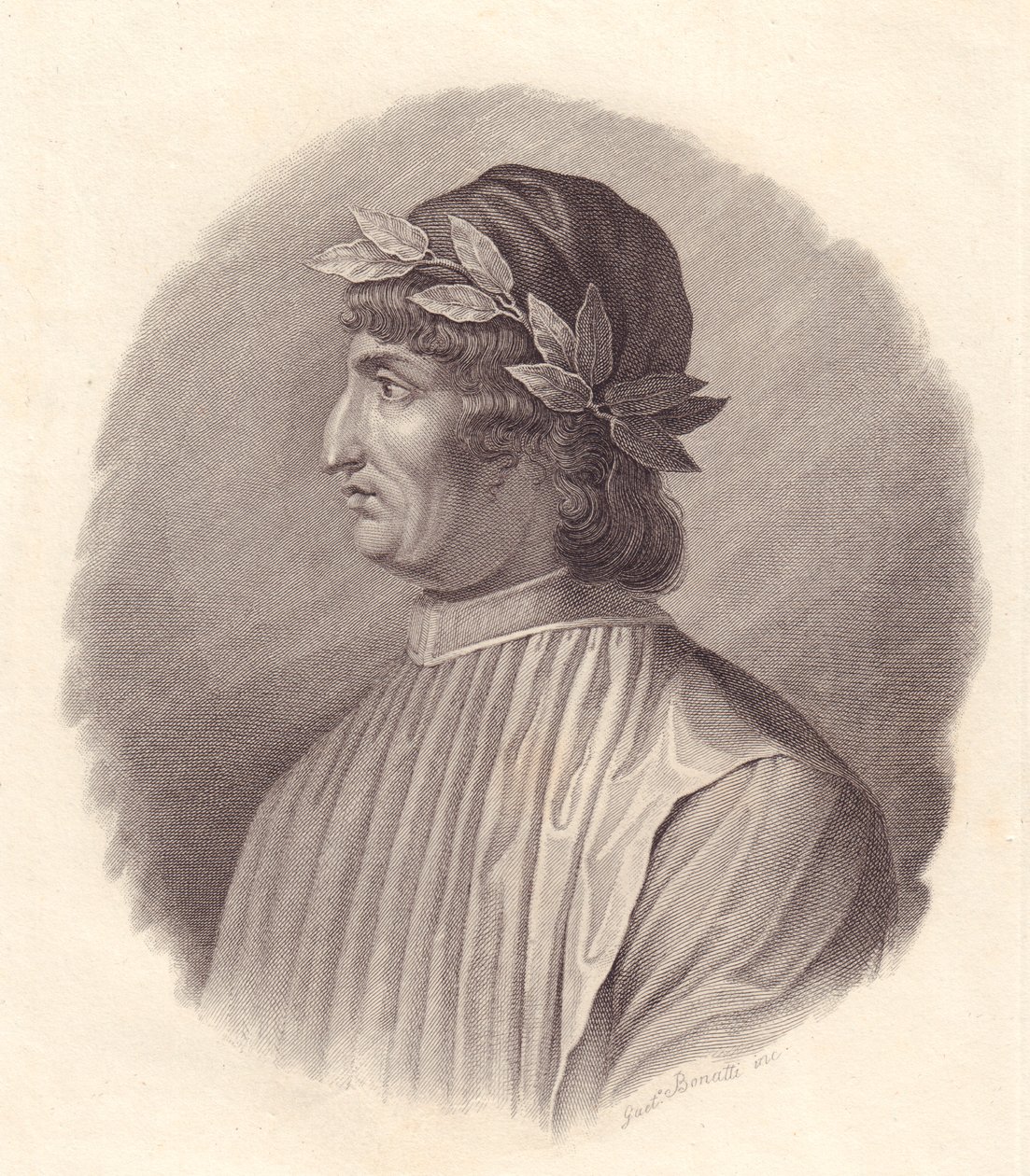 Portrett av den italienske poeten og humanisten Angelo Ambrogini også kjent som Poliziano (1454-1494), kobberstikk av G Bonatti av Walter Charles Mills