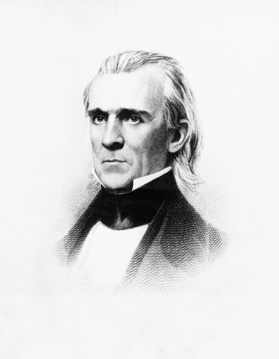 Portrett av James Knox Polk (1795-1849), amerikansk advokat og politiker som fungerte som 11. president i USA fra 1845 til 1849, gravering etter daguerreotypi av Mathew Brady (1822-1896) av Walter Charles Mills