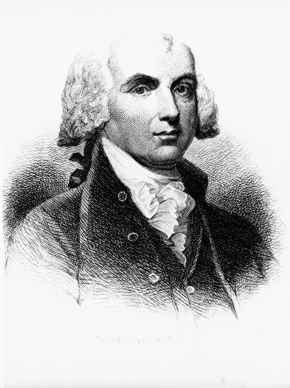 Portrett av James Madison (1751-1836), grunnlegger, amerikansk politiker, 4. president i USA fra 1809 til 1817, og en av grunnlovens fedre, gravering av Walter Charles Mills