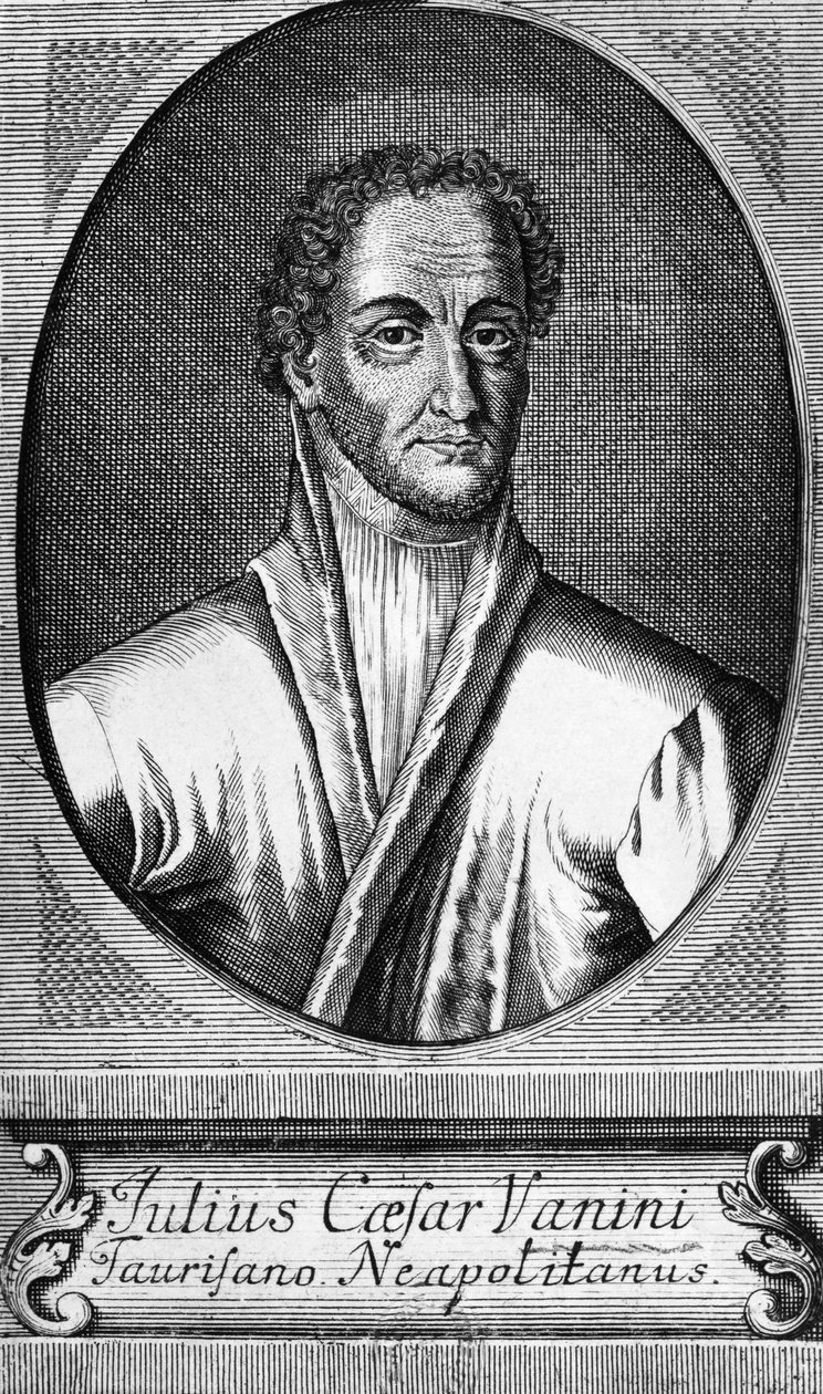 Portrett av Lucilio Vanini, kjent som Giulio Cesare Vanini (1585-1619), italiensk filosof, lege og fritenker som var en av de første betydelige representantene for intellektuell libertinisme, gravering av Walter Charles Mills