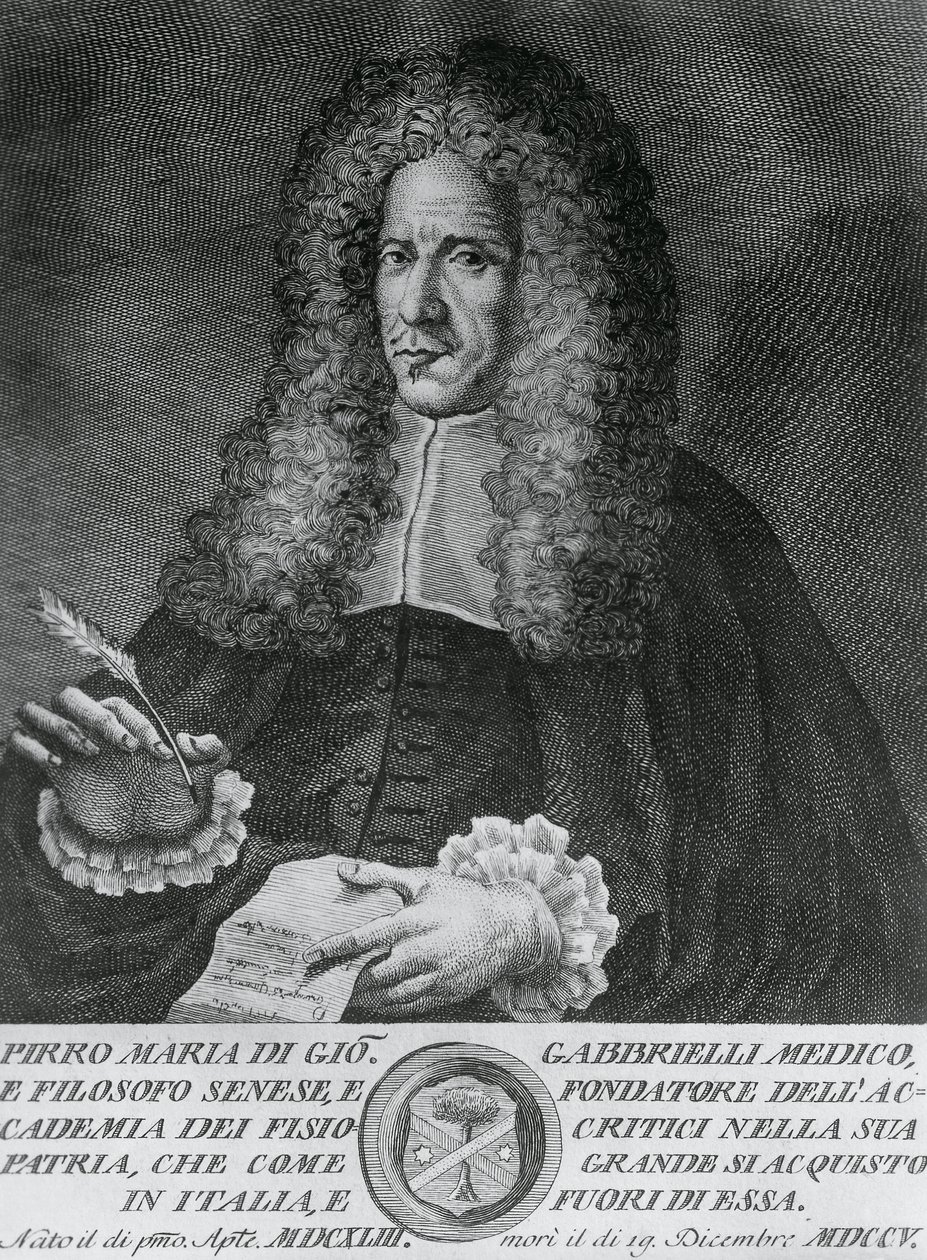 Portrett av Pirro Maria Gabbrielli (1643-1705), italiensk filosof og professor i teoretisk medisin og botanikk, gravering av Cosimo Zocchi (aktiv 1740-ca 1787) av Walter Charles Mills