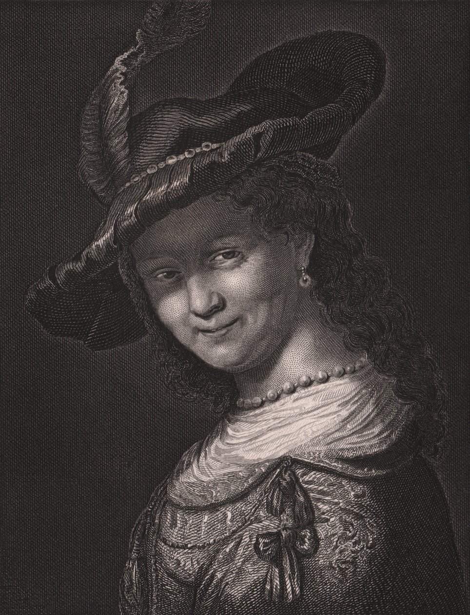 Portrett av Saskia van Uylenburgh (1612-1642), kone til Rembrandt, gravering av L Raab fra maleri av Rembrandt, fra Paynes Royal Dresden Gallery, av Albert Henry Payne, H Payne Dresden og Leipzig Publisher, ca. 1840 av Walter Charles Mills