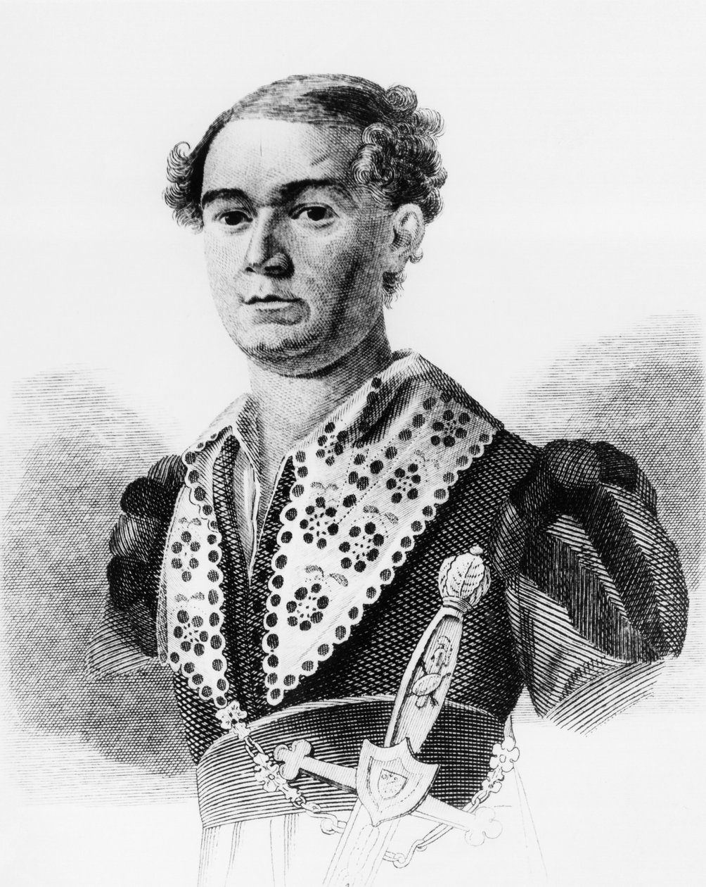 Portrett av Vasily Andreevich Karatygin (1802-1853), russisk skuespiller, gravering fra Russkaya Talia, antologi av Faddey Venediktovich Bulgarin, utgitt i 1825 av Walter Charles Mills