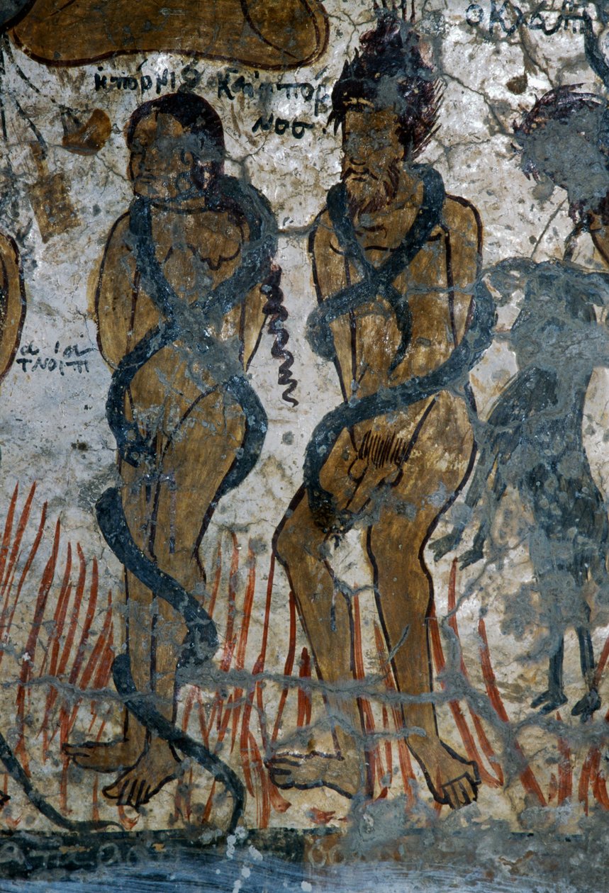 Straff for fordømte, detalj av kirken Agia Paraskevi, Voutas, Kreta, Hellas (bilde) av Walter Charles Mills