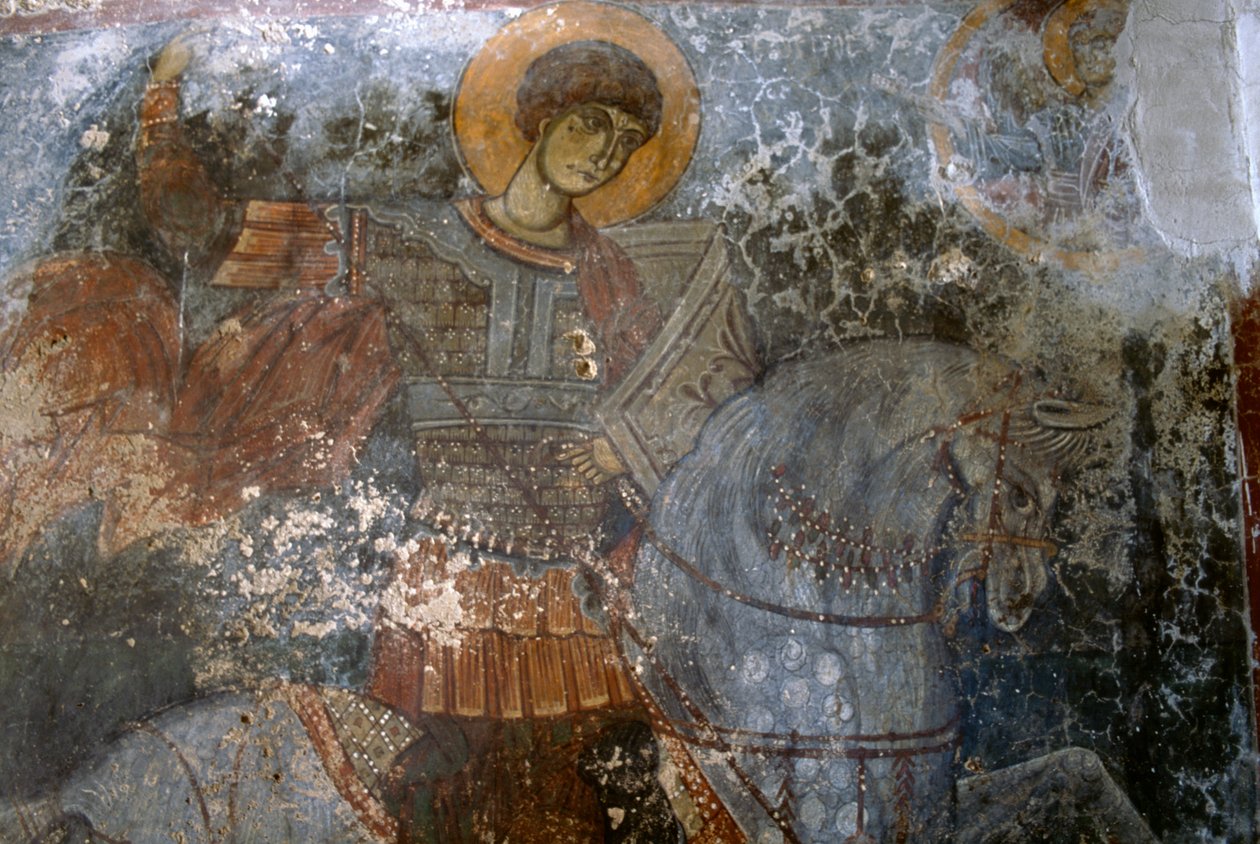 St George, freskomaleri av Ioannis Pagomenos i kirken Agios Georgios, Anidri, Kreta, Hellas av Walter Charles Mills
