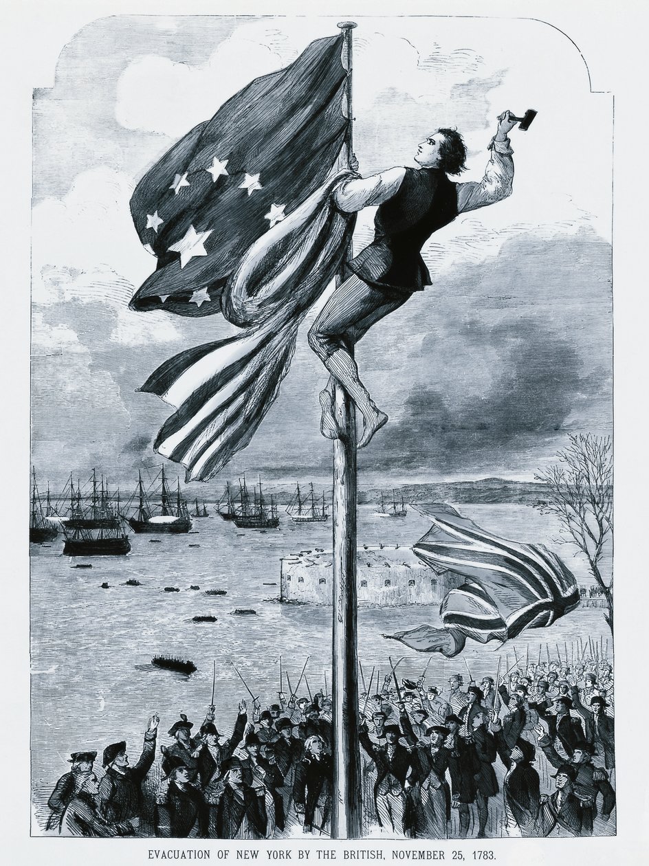 Britene forlater New York, mens det amerikanske flagget heises, 25. november av Walter Charles Mills