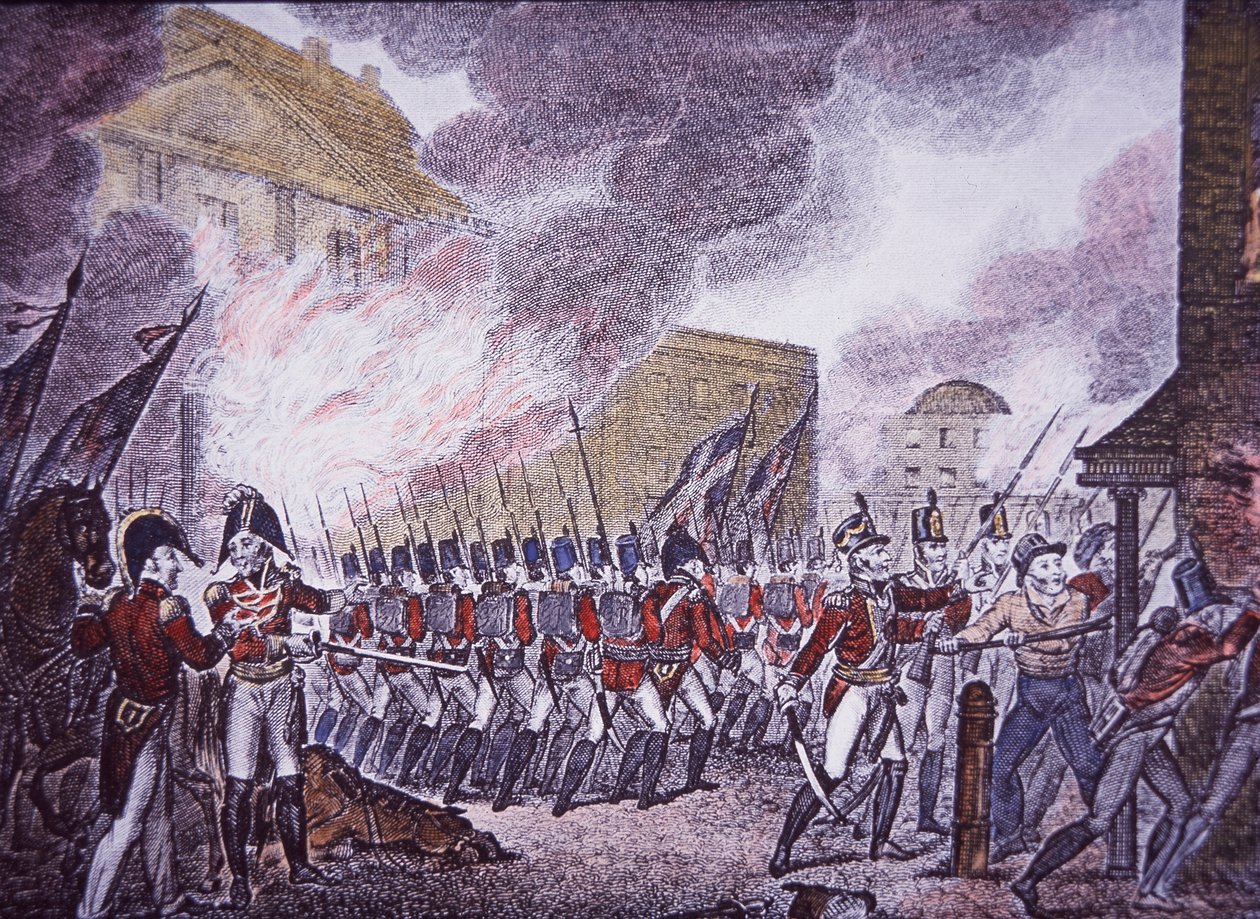 The Burning of Washington (farget gravering) av Walter Charles Mills