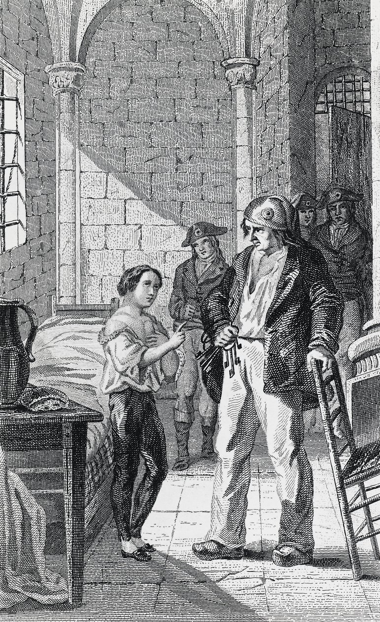 Dauphin Louis Charles og hans omsorgsperson Antoine Simon i Temple-fengselet, gravering av Philippoteaux og Girardet, den franske revolusjonen, Frankrike av Walter Charles Mills