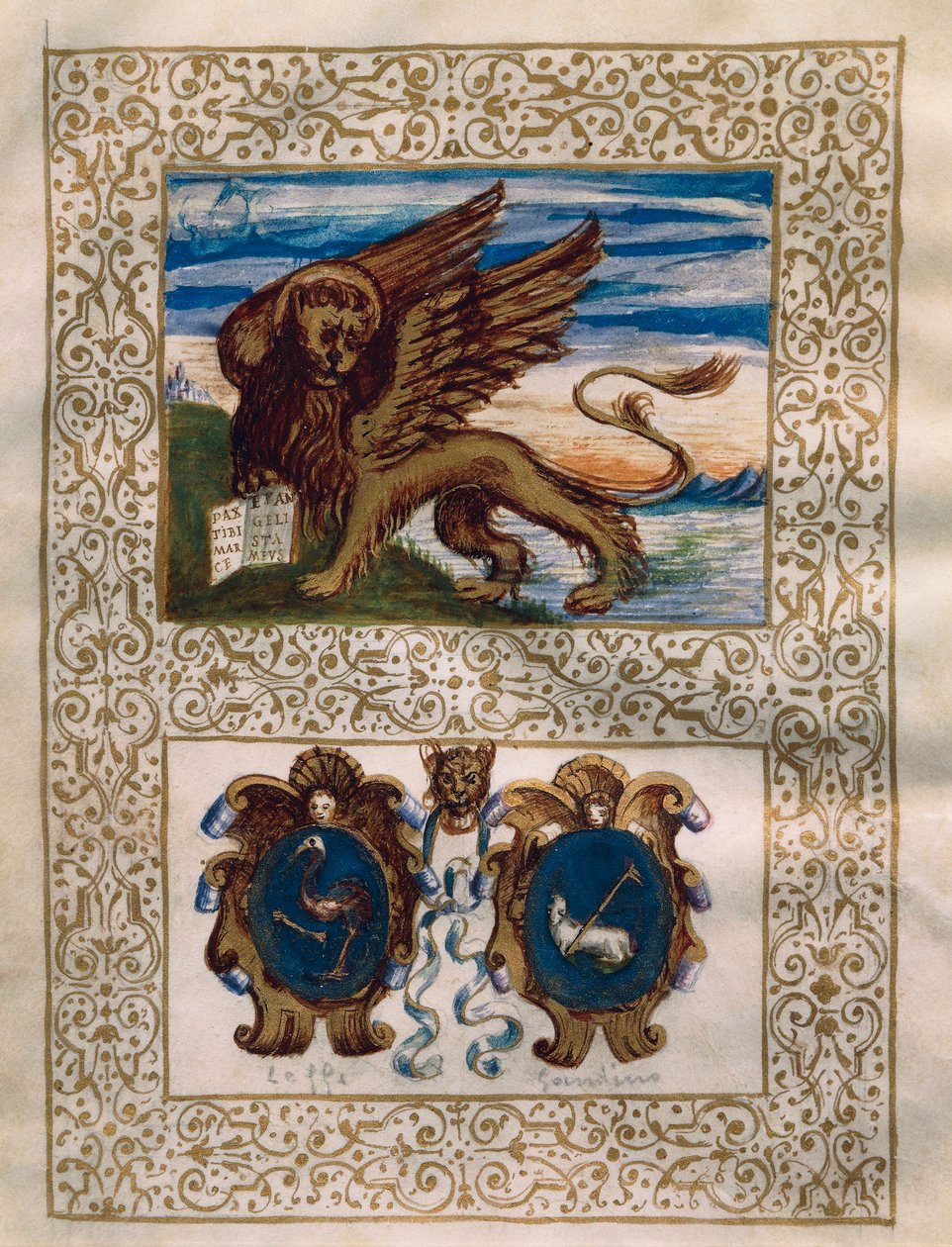 Den bevingede løven i Venezia og Leffe og Gandinos våpenskjold, miniatyr fra Privilegio della Serenissima alla Val Gandino, 18. juni av Walter Charles Mills