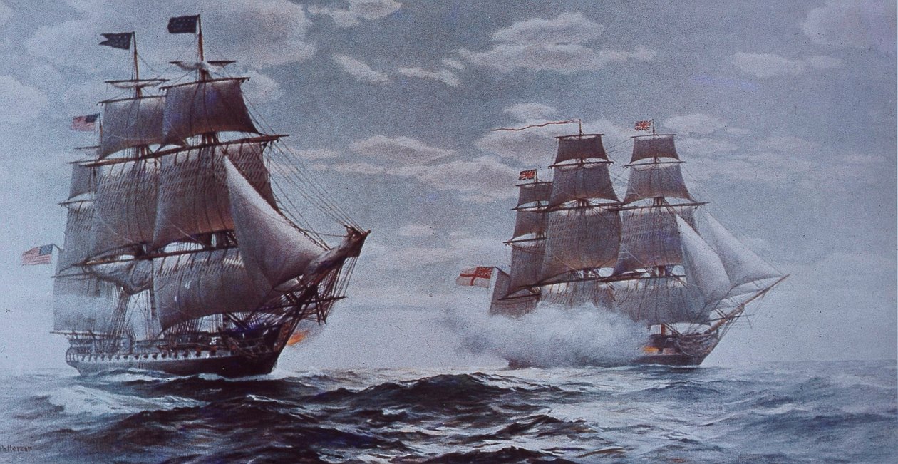 USS Constitution og HMS Java (farge litho) av Walter Charles Mills