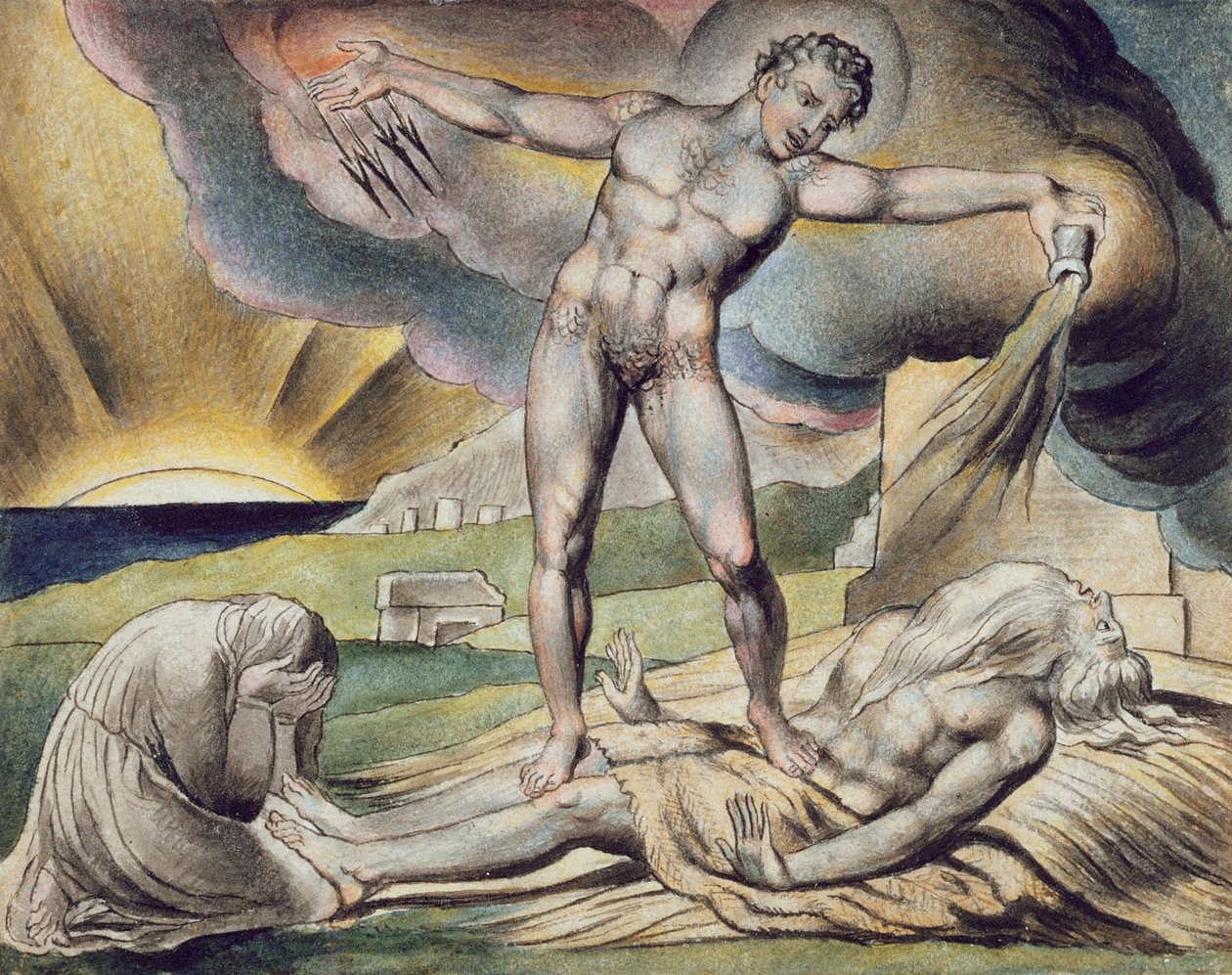 Satan slår Job med byller, side 6 fra 'Illustrasjoner av Jobs bok', etter William Blake (1757-1827) ca. 1823 (penn og blekk med vask på papir) av John (circle of) Linnell