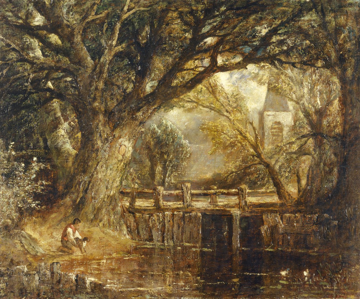 Weir (olje på lerret) av John (imitator of) Constable