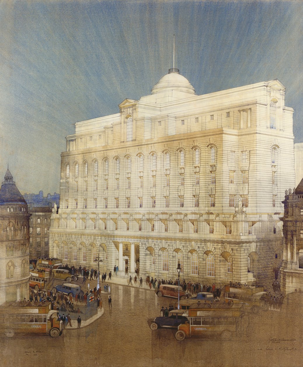 Arkitektonisk design for hovedkvarteret til Midland Bank, Poultry, London av John A. and Saunders, Charles Gotch