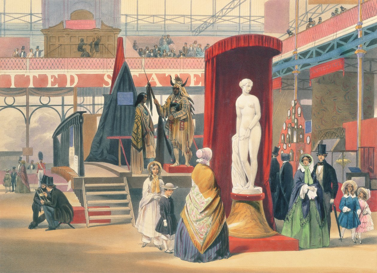 Utsikt over 'The Greek Slave' av Hiram Power (1805-73), en skulptur i USA-delen av den store utstillingen i 1851, fra Dickinson's Comprehensive Pictures (color litho) av John Absolon