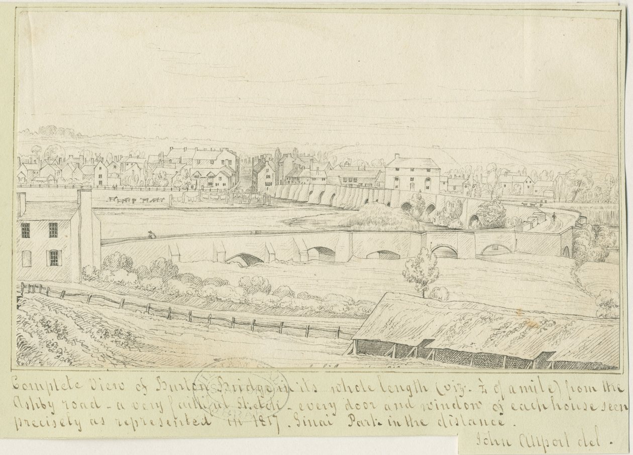 Burton-upon-Trent Bridge and Town: pennetegning, 1817 av John Allport