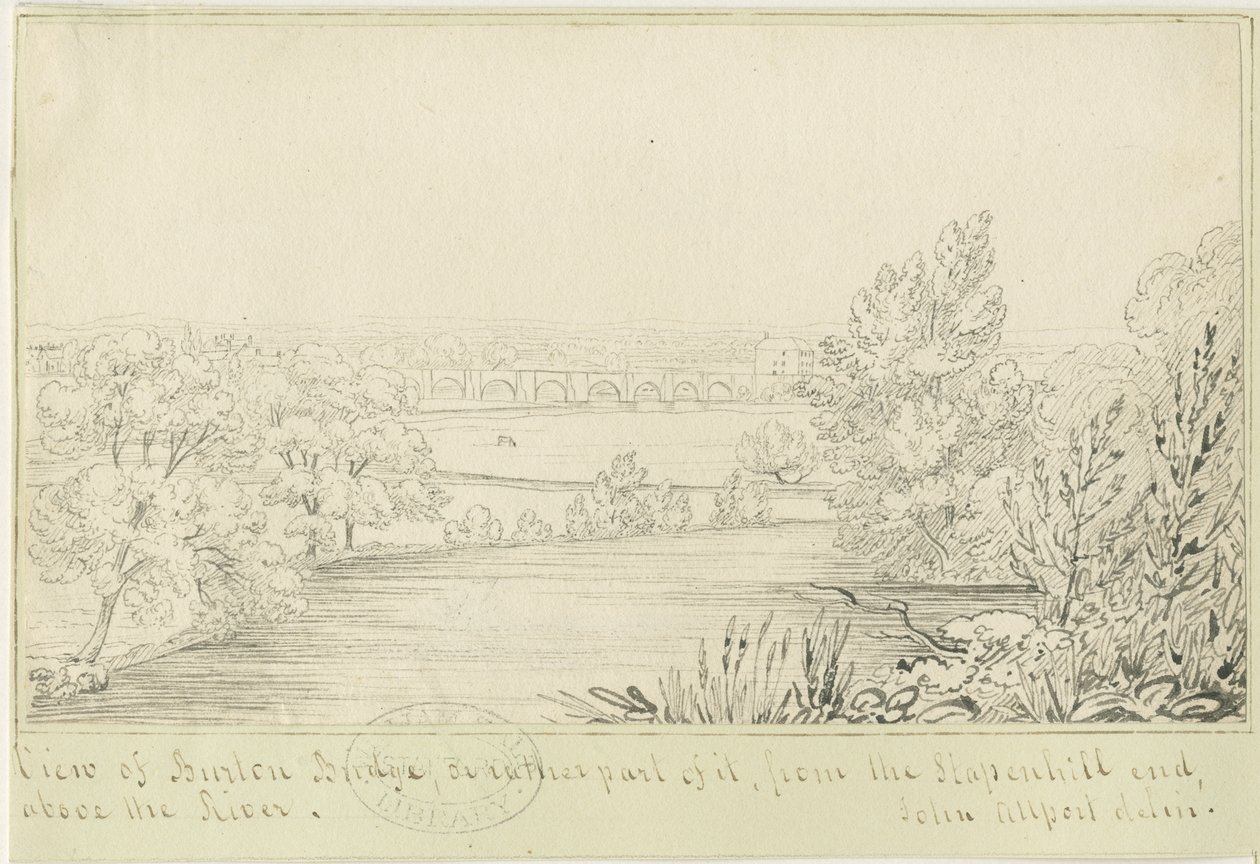 Burton-upon-Trent Bridge and Town: pennetegning, nd [c 1817] (tegning) av John Allport