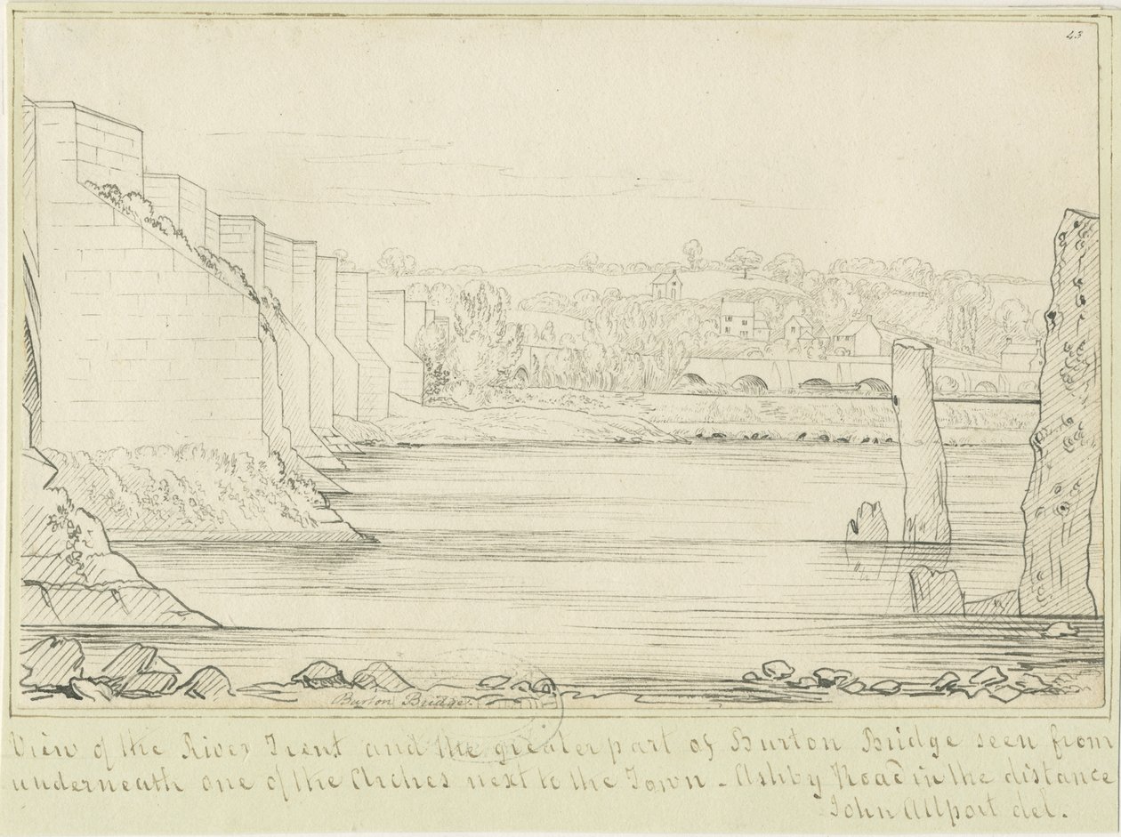 Burton-upon-Trent Bridge and Town: pennetegning, nd [c 1817] (tegning) av John Allport