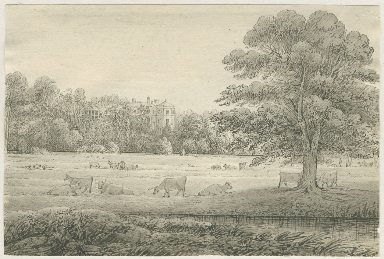 Hagley Hall: penn- og vasketegning, 4. mai 1814 av John Allport