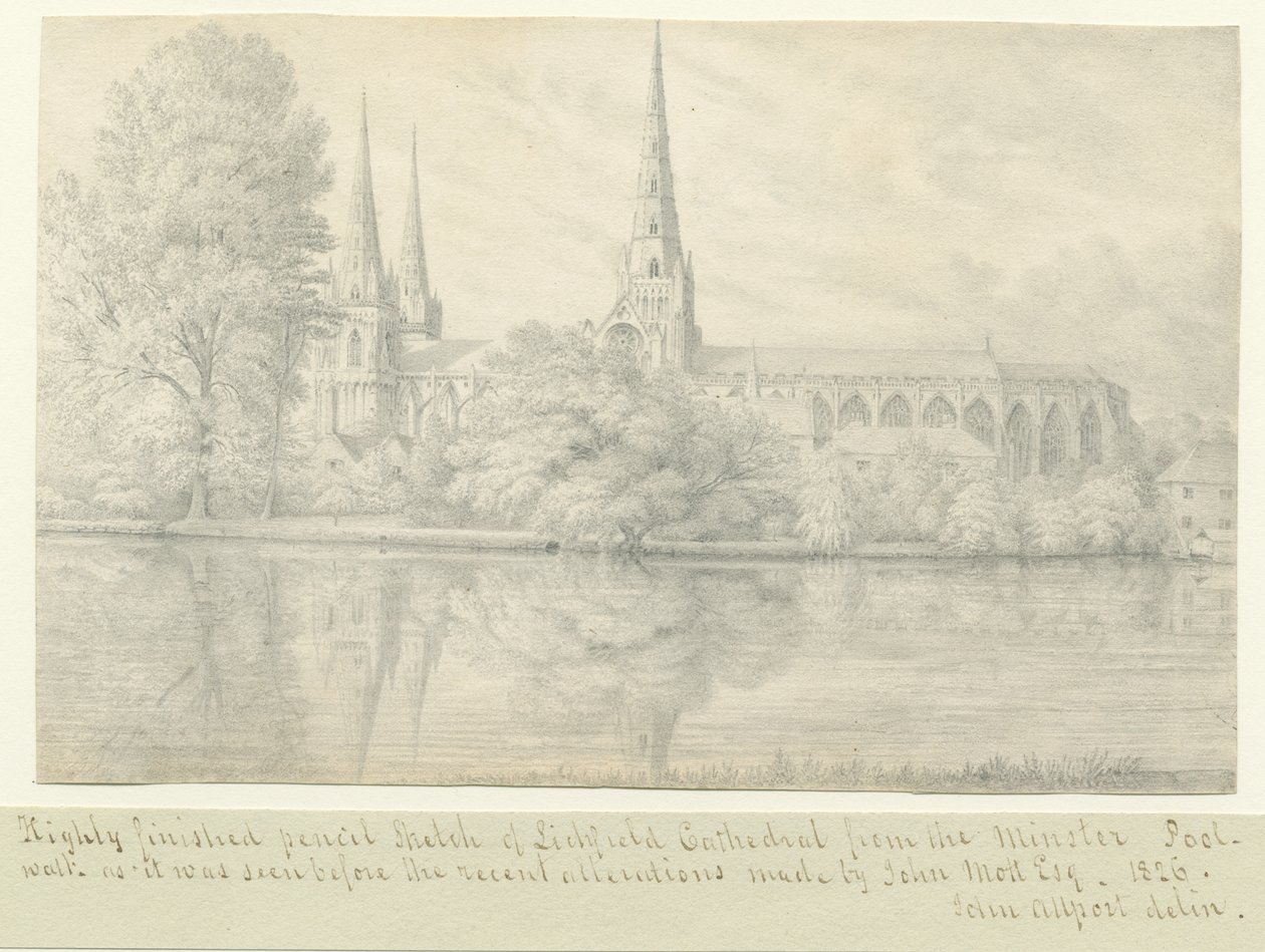 Lichfield Cathedral - South West View: blyanttegning av John Allport