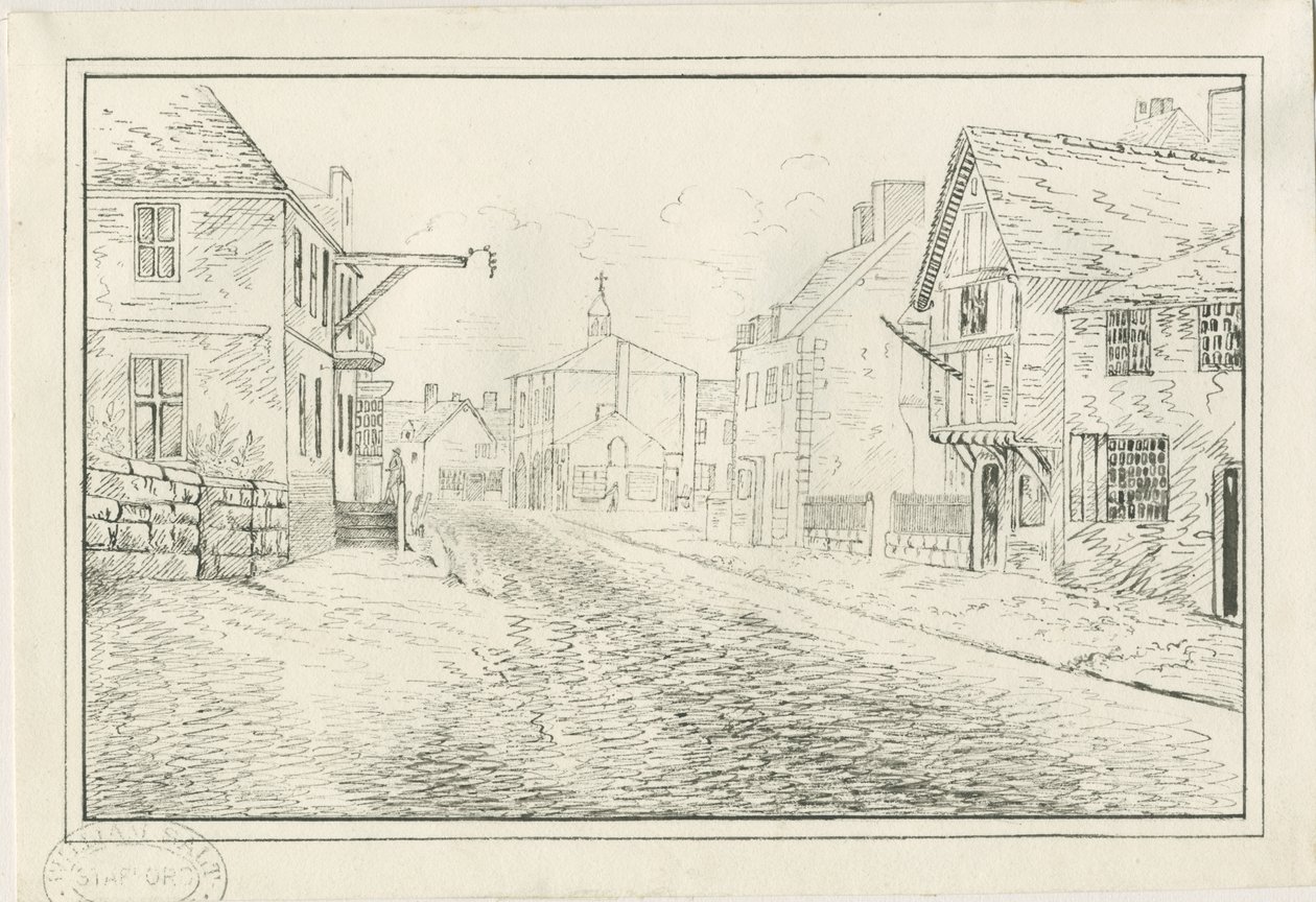 Rugeley Town - Wolseley Bridge to the Lichfield Road: penn- og blekktegning, nd [1814] av John Allport