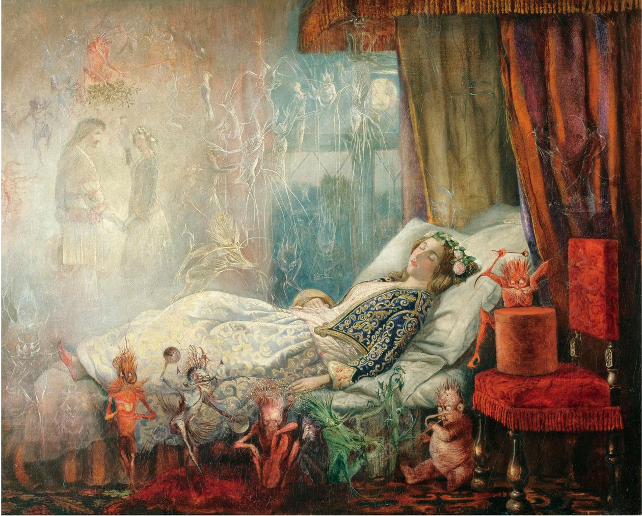 ""Le reve apres le bal masque"" (Drømmen etter maskeballen) Peinture de John Anster Fitzgerald (1832-1906), - Olje på lerret, 35,5x44,5 - Privat samling av John Anster Fitzgerald