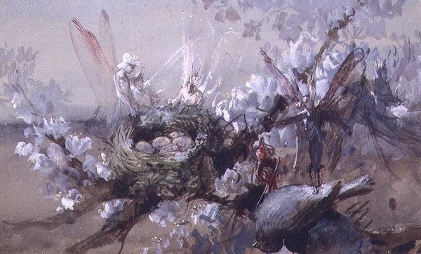 "Hvem drepte Cock Robin?" (akvarell) av John Anster Fitzgerald