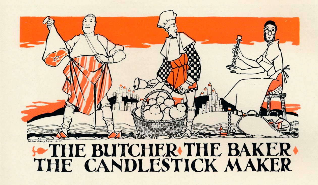 'Slakteren, bakeren, lysestakemakeren', c1925 av John Archibald Austen