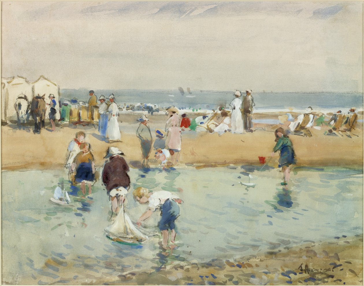 On the Beach, Whitley Bay (akvarell og kroppsfarge på papir) av John Atkinson