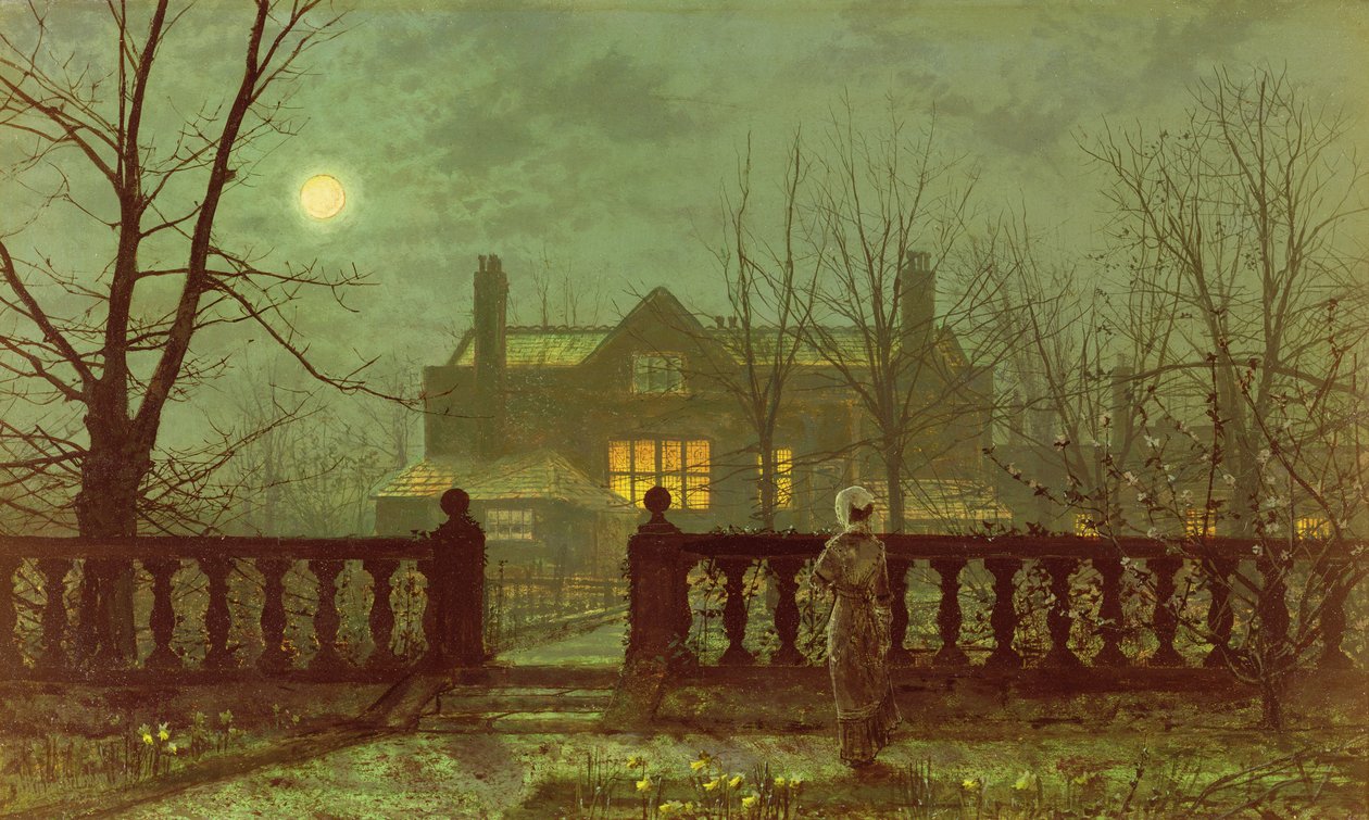 En dame i en hage ved måneskinn, 1882 av John Atkinson Grimshaw