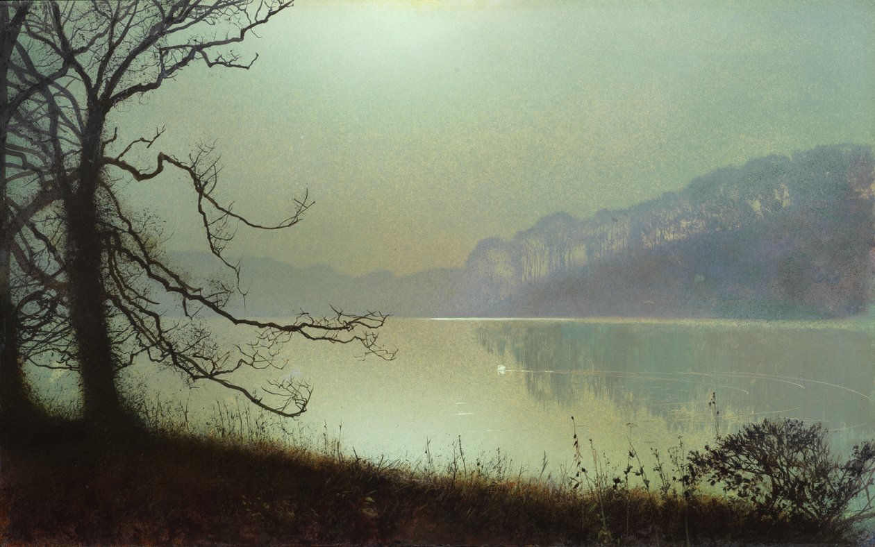 Ved innsjøen, Moonlight (olje på kort) av John Atkinson Grimshaw