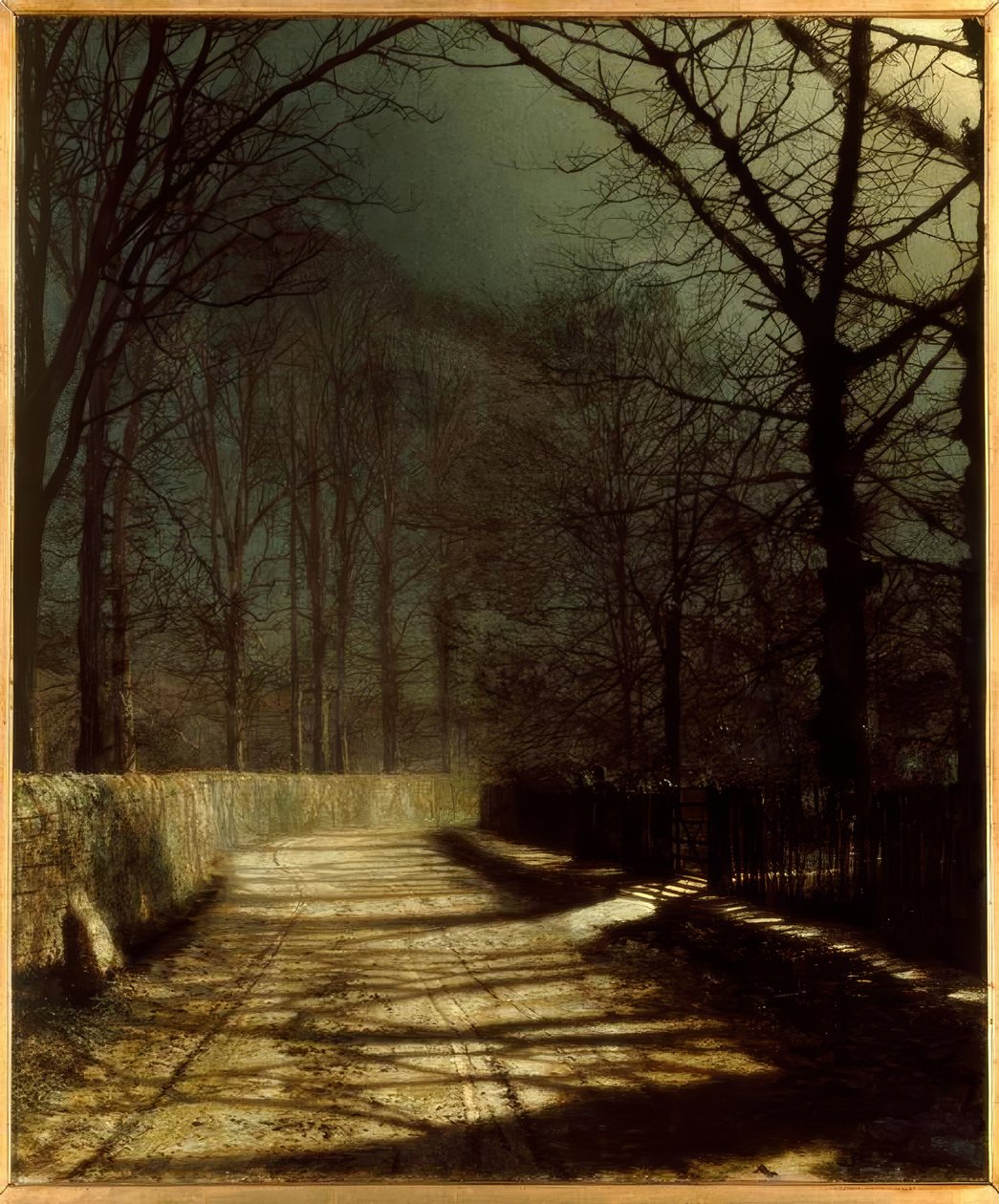 J.A.Grimshaw, månebelyst bane med to elskere ved en port / perle. av John Atkinson Grimshaw