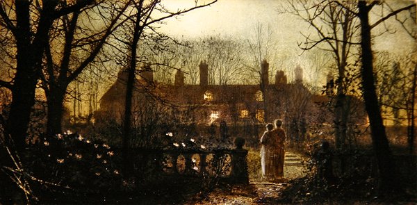 Månebelyst scene med to figurer (olje på panel) av John Atkinson Grimshaw