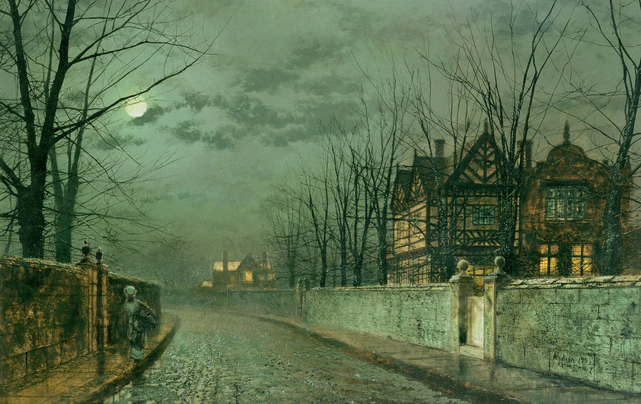 Old English House, Moonlight after Rain, 1883 av John Atkinson Grimshaw