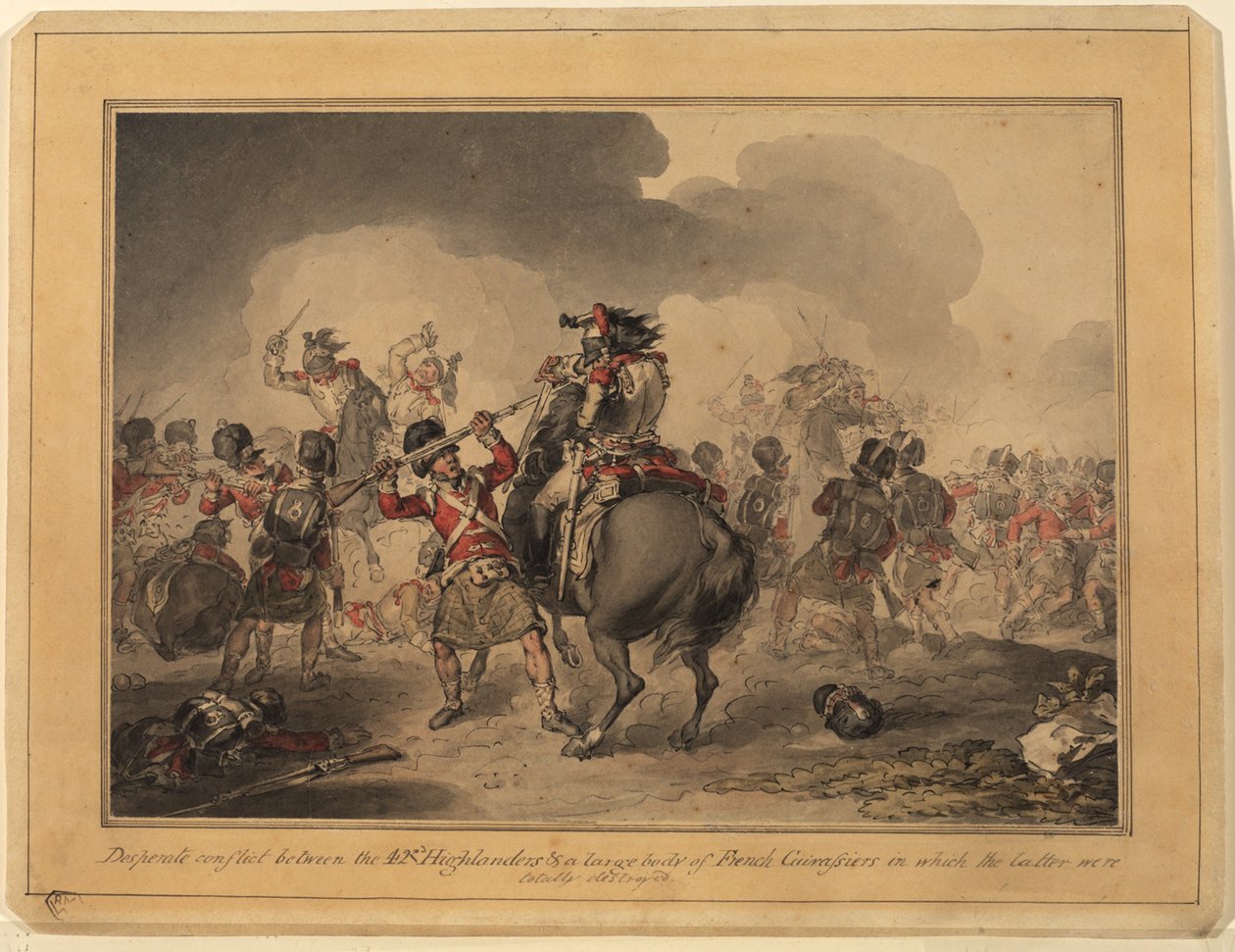 42nd Highlanders at Waterloo, 1815 (penn og blekk wc på papir) av John Augustus Atkinson
