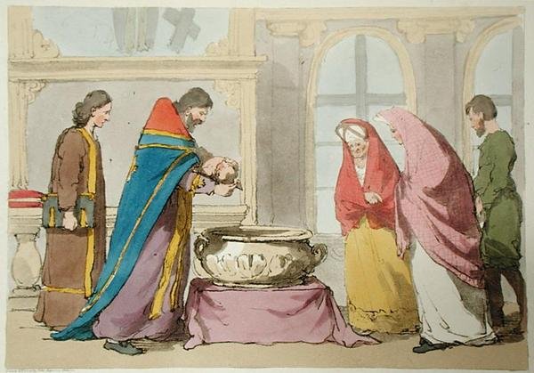 Dåp, etset av kunstneren, utgitt 1804 (farge litho) av John Augustus Atkinson