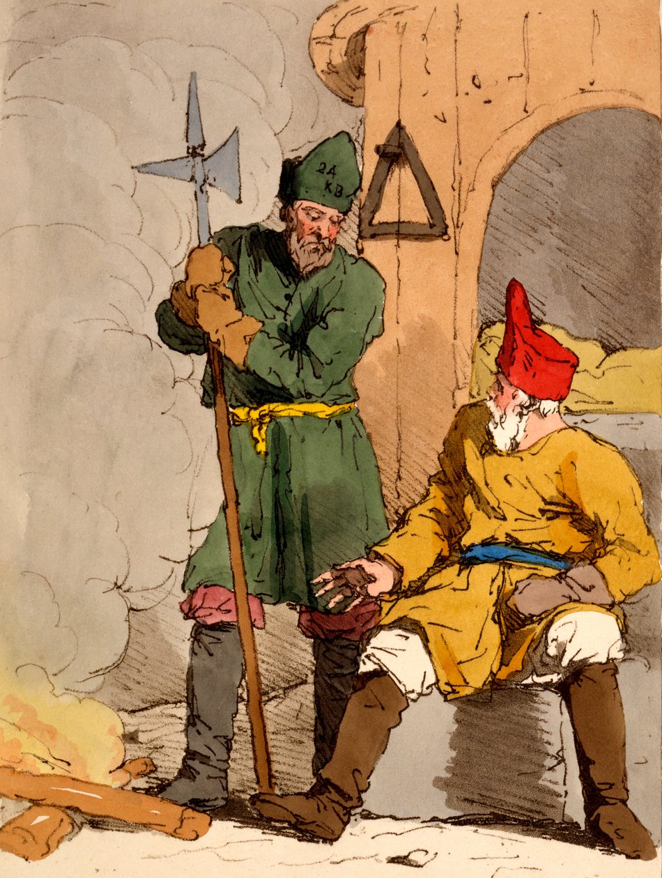 'Boutoushniki' eller Watchmen, illustrasjon fra 'The Manners, Customs and Amusements of the Russians' av James Walker, utgitt 1803-4 (akvatintetsing) av John Augustus Atkinson