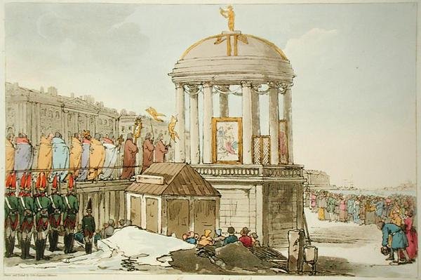 Consecration of the Waters, etset av kunstneren, utgitt 1804 (farge litho) av John Augustus Atkinson